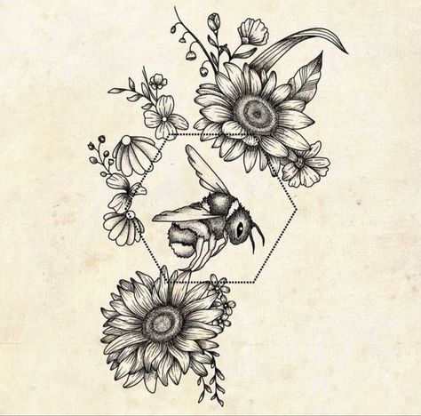 Honeycomb Flower Drawing, Bee Tattoos For Women Sleeve, Sunflower Bee Tattoo Design, Sunflower And Bumble Bee Tattoo, Bee Thigh Tattoo, Bee Drawing Tattoo, Bee And Sunflower Tattoo, Sunflower Bee Tattoo, Thigh Tattoos Unique