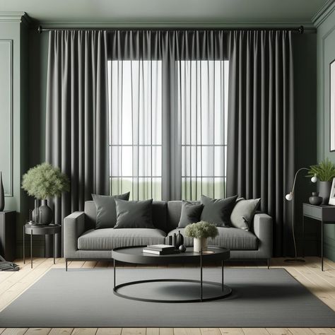 sage green walls and charcoal gray curtains Charcoal And Green Living Room, Grey And Green Curtains, Grey Curtains Bedroom, Green Curtains Bedroom, Olive Green Curtains, Curtains For Grey Walls, Dark Grey Curtains, Sage Green Curtains, Curtain Colors