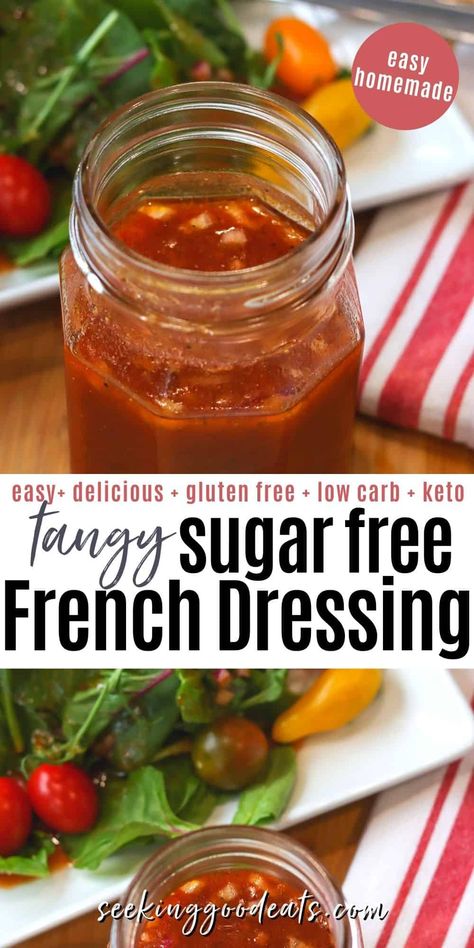 Tangy Sugar-free Catalina French dressing recipe. Homemade french dressing is super easy and quite tasty! This healthy salad dressing is low carb, keto sugar-free, and gluten-free. This salad dressing recipe is perfect on salads, as a marinade or a dip. Catalina Dressing Recipes, Homemade French Dressing, Sugar Free Salad Dressing, French Salad Dressing, Low Calorie Salad Dressing, Low Carb Salad Dressing, Low Carb Dressing, Healthy Dressing Recipes, French Salad