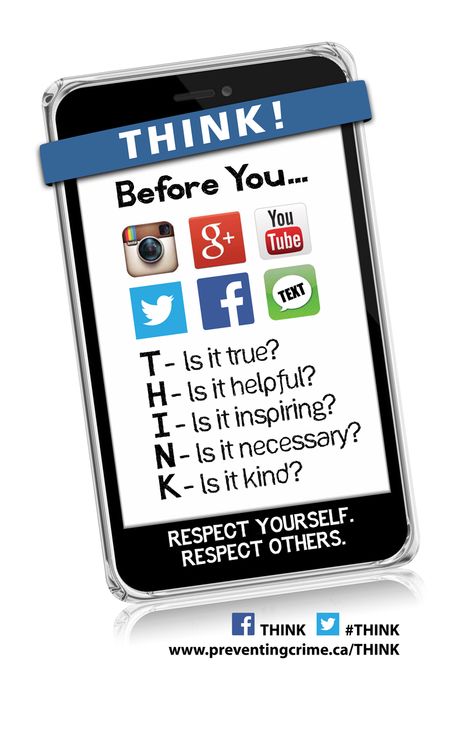 THINK promotes respectful and responsible digital leadership through positive use of social media. Responsible Use Of Social Media Poster, Social Media Poster Drawing, Social Media Essay, Social Media Etiquette, Computer Teacher, Leadership Inspiration, Technology Posters, High School Life Hacks, Guidance Lessons