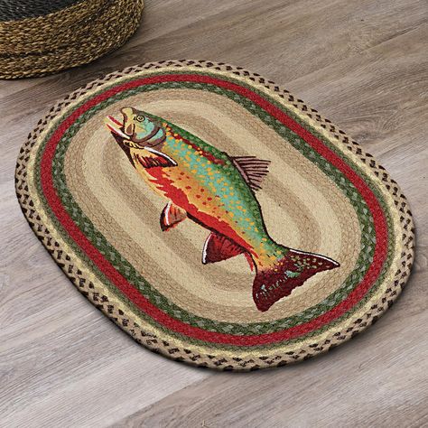 PRICES MAY VARY. 60 Day No Hassle Returns A Black Forest Decor Exclusive - A colorful hand-printed trout adds outdoor spirit to the braided 100% natural jute Trout Braided Rug. Measures 30"W x 20"L. Rustic Cabin Decor Ideas, 70s Cabin, Hunting Bedroom, Inn Ideas, Rustic Log Cabin Decor, Cabin Decor Diy, Cabin Decorations, Fish Nursery, Lake Cottage Decor