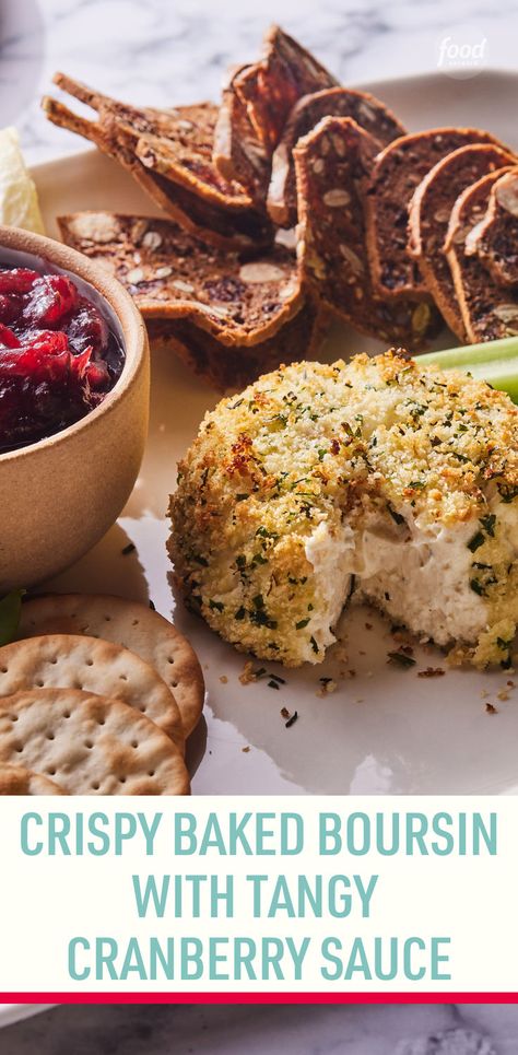 Recipe of the Day: Crispy Baked Boursin with Tangy Cranberry Sauce 🌟 This crispy round of baked cheese, with its warm melty interior, makes the perfect party appetizer, especially when paired with a ruby-red cranberry sauce. Both the cheese and the sauce can be prepped a day (or two!) ahead, so it's simple to pull together right before serving. It scales easily for a crowd–arrange two or three rounds on a platter with sauce for dolloping and a variety of crackers and crudités for dipping. Boursin Cheese Appetizers, Baked Boursin, Boursin Cheese Recipes, Canned Cranberries, Boursin Cheese, Baked Cheese, Charcuterie Recipes, Party Appetizer, Cheese Appetizers