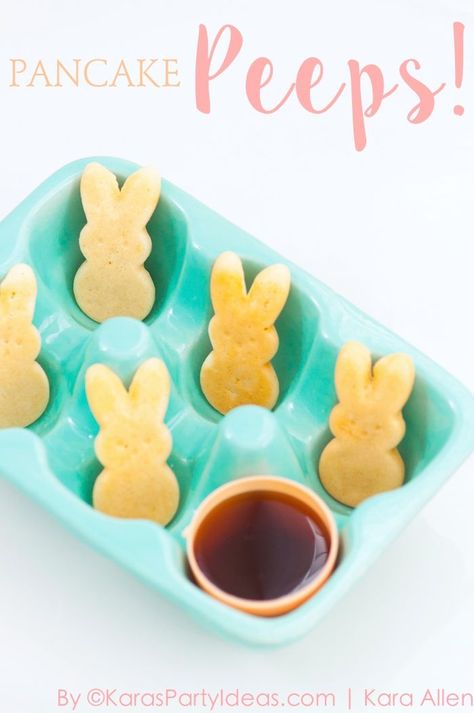 Pancake PEEPS! Pancake bunny dippers recipe via Kara's Party Ideas | Kara Allen | KarasPartyIdeas.com Pancake Bunny, Easter Breakfast Ideas, Peeps Recipes, Bunny Pancakes, Breakfast Ideas For Kids, Easter Snacks, Easter Breakfast, Easter Brunch Food, Easter Morning