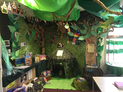 Reading Jungle Rainforest Reading Corner, Jungle Theme Library Classroom Ideas, Tropical Reading Corner Classroom, Disney Jungle Book Classroom Theme, Jungle Theme Book Fair, Reading Corner Classroom, Bedroom Corner, School Displays, Book Corners