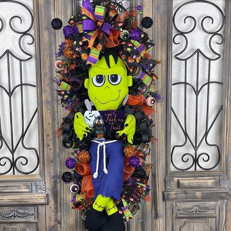 Black Frankenstein, Swag For Front Door, Halloween Swag, Whimsical Fall, Americana Wreath, Swag Wreath, Summer Door Wreaths, Halloween Wreaths, Porch Area