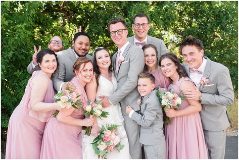 Wedding party in gray suits and dusty rose blush dresses | Oak Hills Utah Dusty Rose and Gray Summer Wedding | Jessie and Dallin Photography #utahwedding #utahsummerwedding #summerwedding #mountainwedding #rockymountainwedding #blushandgraywedding #blushandgray #oakhillsutah #utahweddingvenue Dusty Rose Wedding Party, Dusty Rose Bridal Party, Dusty Rose And Gray Wedding, Wedding Dusty Rose, Bridal Party Colors, Blush And Grey Wedding, Dusty Rose Wedding Colors, Utah Summer, Summer Wedding Party