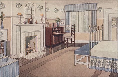 1914 Girl's Bedroom  This pretty bedroom was offered up by Ekin Wallick as a solution for a girl's bedroom where stenciling was wanted. The walls, curtains, dust ruffle, and screen are all stenciled in variations of the same thistle pattern. Readers were encouraged to write for the patterns.    Source: Ladies Home Journal 1910 House, Thistle Pattern, Ladies Home Journal, Victorian Bedroom, Home Journal, Antique Home, Dust Ruffle, Interior Illustration, Pretty Bedroom