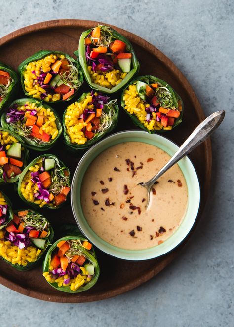 Collard Green Rainbow Rolls with Turmeric Rice & Spicy Peanut Dipping Sauce Minimalist Recipes, Vegetarian Wraps, Collard Green, Rainbow Roll, Glutenfree Recipe, Peanut Dipping Sauces, Sunflower Butter, Minimalist Baker, Hearty Meal