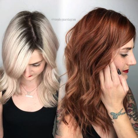 Stephany Huizing-Smith (@stephygnarstagram), Creative director and Senior stylist at Parlour e.lev.en (@parlour.eleven), Huntington Beach, CA, shares details on this lovely makeover we found on Instagram: The Story: A friend of mine from a couple years ago, also a stylist, reached out to me wanting a  color change. This is huge for her because she has always been platinum blonde (since I've known her). She sent me a couple photos with level/tone ideas, but for the most part, gave me creative... Dimensional Copper, Blonde To Red, Bobbed Hairstyles, Color Melting Hair, Perfect Blonde Hair, Hair Colouring, Round Hair Brush, Hair Color Burgundy, Huntington Beach Ca