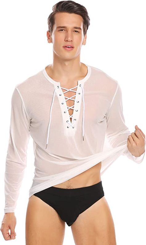 Amazon.com: COOFANDY Mens Sexy Lace up See Through Long Sleeve T Shirt Mesh Undershirts, White, Large: Clothing, Shoes & Jewelry Mesh Undershirt, Lace Up T Shirt, Fancy Shirt, Reference Pics, Hippie T Shirts, Laced Up Shirt, Floral Shirt Dress, Lace Shirt, Lace Sleeves