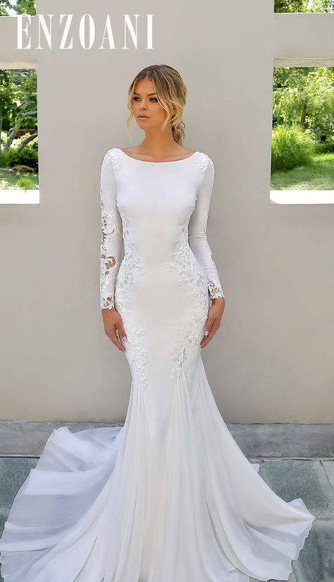 Plain Wedding Gown With Sleeves, Satin Wedding Dress Lace Sleeves, Mermaid Wedding Dress With Sleeves Modest, Simple Long Sleeve Winter Wedding Dress, Simple Mermaid Wedding Dress With Sleeves, Modest Modern Wedding Dress, Long Sleeve Mermaid Wedding Dress Modest, Satin Mermaid Wedding Dress With Sleeves, Sleek Long Sleeve Wedding Dress