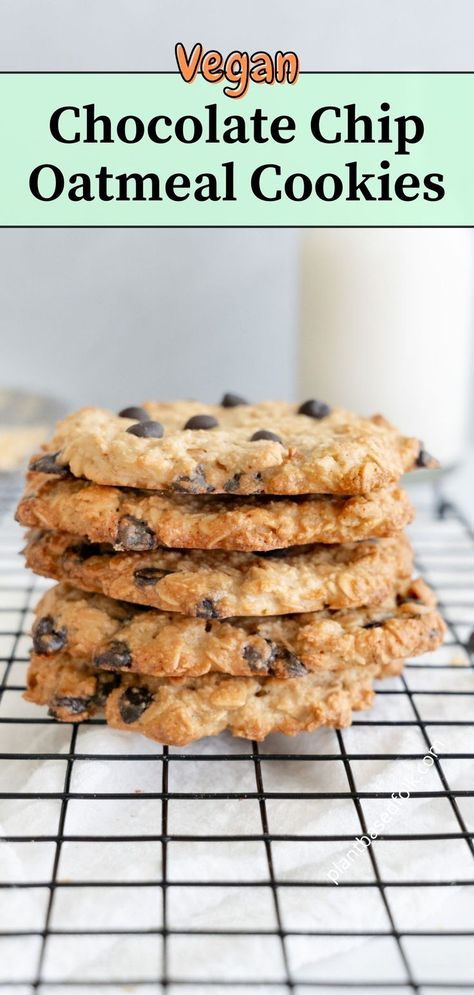 a stack of vegan chocolate chip oatmeal cookies Marrying Rich, Vegan Oatmeal Chocolate Chip Cookies, Chocolate Chip Oatmeal Cookies, Quick Vegan, Vegan Baking Recipes, Vegan Oatmeal, Simple Pantry, Gooey Cookies, Oatmeal Chocolate Chip Cookies