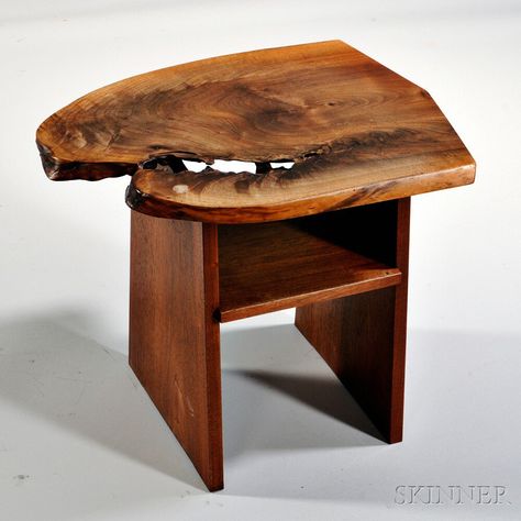 George Nakashima - Bedside Table. Free-edge top with figured in the wood, plank sides centered by a shelf, 18" H x 21" W x 16" D. Sold for $9,225 Nakashima Table, Side Table Drawer, George Nakashima Furniture, Live Edge Resin, Nakashima Furniture, Resin Side Table, George Nakashima, Timber Furniture, Wood Works