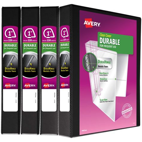 Avery Durable View Binder, 1" Slant Rings, 220-Sheet Capacity, DuraHinge, Black, Multi Pack of 4 (17011) - 5737 ** Details can be found by clicking on the image. (This is an affiliate link) 1 Inch Binder, Binder Templates, Back Cover Design, Binder Accessories, Binding Supplies, Rings Black, Recipe Binders, Recipe Binder, File Organization