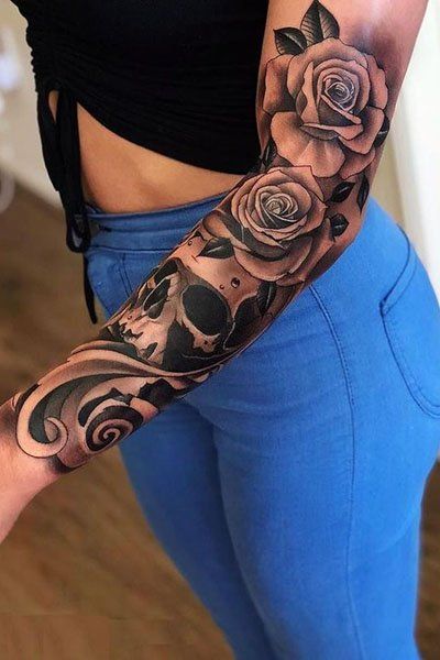 Rose And Skull Tattoo White Flower Tattoos, Rose Tattoo Sleeve, Feminine Tattoo Sleeves, Rose Tattoos For Women, Skull Sleeve, Dope Tattoos For Women, Stylist Tattoos, Rose Tattoo Design, Arm Sleeve Tattoos