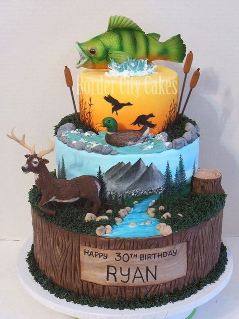 All edible (other than the cat tails). Airbrushed and hand painted details. :) Duck Hunting Cakes, Hunting Birthday Cakes, Hunting Cake, Hunting Birthday, Tiered Cake, Cakes For Men, Fish Cake, Occasion Cakes, Grooms Cake