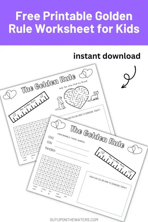 Use this free printable worksheet to teach children about the Golden Rule: Love your neighbour as yourself (or treat others the way you want to be treated). Makes a perfect activity page, Sunday school lesson, activity placement, or game to play. Includes a wordsearch, maze, reflection question, word scramble, and coloring. Great for church, the classroom, home school, or just for fun. The Golden Rule Craft For Kids, Golden Rule Activities, Sunday School Worksheets, Bible Study Worksheet, Back To School Worksheets, Activity Placemat, The Golden Rule, Worksheet For Kids, Homeschool Crafts