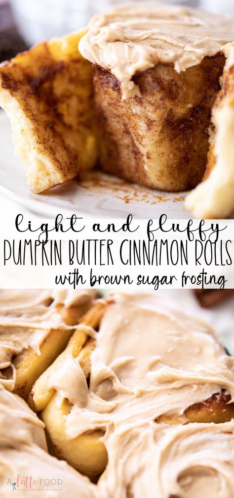 These Soft Pumpkin Butter Cinnamon Rolls are made with instant yeast, pumpkin pecan butter, and a brown sugar frosting. They’re soft and fluffy, gooey in the center, and the perfect pumpkin cinnamon roll for fall! Carmel Pumpkin Cinnamon Rolls, Pumpkin Spiced Cinnamon Rolls, Fall Recipes Baked Goods, Fluffy Pumpkin Cinnamon Rolls, Pumpkin Butter Rolls, Fall Desserts Cinnamon Rolls, Things To Do With Pumpkin Butter, Pumpkin Butter Cinnamon Roll Bread, Pumpkin Butter Uses Baking