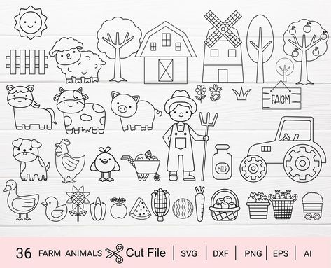 A collection of rustic farm animal clipart perfect for enhancing DIY decor projects and crafts. Farm Simple Drawing, Farm Doodles Easy, Easy Farm Animal Drawings, Farm Drawing Easy, Farm Doodles, Draw Farm Animals, Farm Drawing, Farm Animal Clipart, Banner Doodle