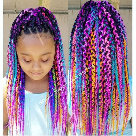 Rainbow Box Braids - Hair styles for naturally curly coily kids Rainbow Box Braids, Braids Hairstyles For Kids, Colorful Braids, Toddler Hair Styles, Kids Box Braids, Braids Kids, Kid Hair Styles, Rainbow Braids, Blonde Box Braids