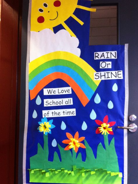 Rain or shine. We love school all if the time - Prep classroom door. Weather Classroom Door Ideas, Rainy Day Board Decoration Ideas, Rainy Day Board Decoration, Rainy Season Classroom Decoration, Weather Door Decorations Classroom, Rain Theme Classroom Door, Raindrop Name Craft, Rainy Season Chart For Preschool, Door Decoration For Preschool