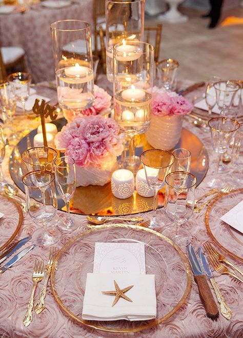 stunning beach wedding centerpieces ideas Candlelight Wedding Centerpieces, Destination Wedding Reception Decor, Gold Beach Wedding, Beach Wedding Tables, Destination Wedding Reception, Candle Lit Wedding, Bahamas Wedding, Beach Wedding Centerpieces, Deco Champetre