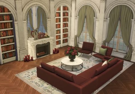 Sims 4 Mansion Living Room, Victorian House Plans Bloxburg, Victorian Mansion Living Room, Bloxburg Castle Interior Ideas, Bloxburg Mansion Living Room, Bloxburg Fancy Living Room Ideas, Bloxburg Victorian Living Room, Sims 4 Castle Interior, Victorian Living Room Bloxburg