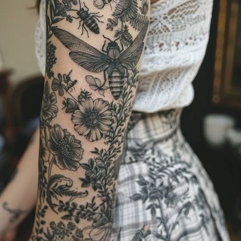 Brilliant Sleeve Tattoo Tattoo Flash Alice In Wonderland Tree Tattoo, Botanical Sleeve Tattoo Black And White, Black Walnut Tattoo, Science Inspired Tattoos, Black Eyed Susan Flower Tattoo, Dotted Tattoos For Women, Tattoo With Words And Flowers, Black And White Plant Tattoo, Victorian Tattoo Sleeve