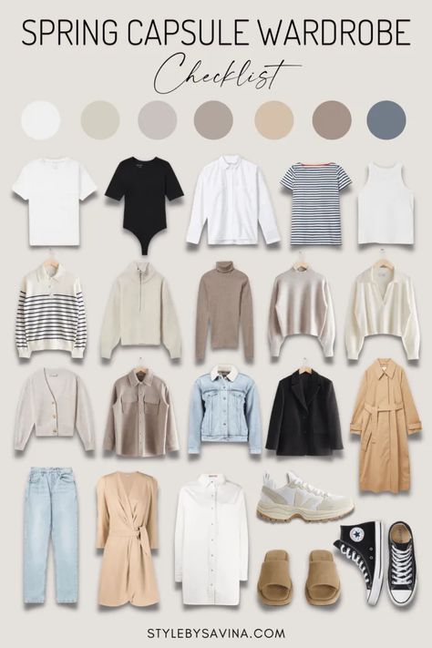 Spring Capsule Wardrobe: What To Wear In Spring 2022 - Style by Savina Basic Spring Wardrobe, Neutral Capsule Wardrobe Spring, Korea Spring Fashion Street Styles, Spring 23 Capsule Wardrobe, Basic Neutral Wardrobe, Spring Summer 2024 Capsule Wardrobe, Spring Capsule 2024, Spring Basics Outfits, Spring Wardrobe 2024