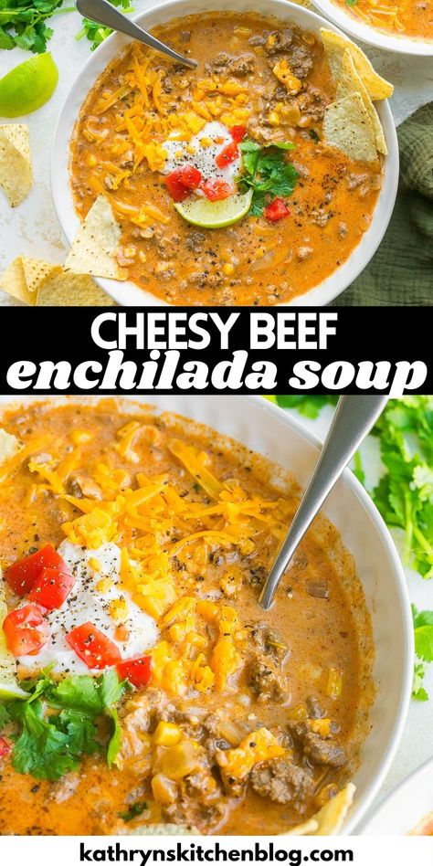 Cheesy Beef Enchilada Soup (30 Minute Recipe) Cheesy Beef Enchilada Soup, Beef Enchilada Soup Crockpot, Beef Enchiladas Soup, Beef Enchilada Soup Recipe, Enchilada Soup Beef, Soup Enchilada, Beef Enchilada Soup, Enchiladas Soup, Tomato Gnocchi Soup