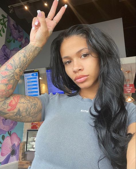 Jet Black Hair Black Women, Hair Black Women Natural, Black Hair Black Women, Deja Hiott, Hair Black Women, Jet Black Hair, Half Sleeve Tattoos For Guys, Natural Black Women, Half Sleeve Tattoo