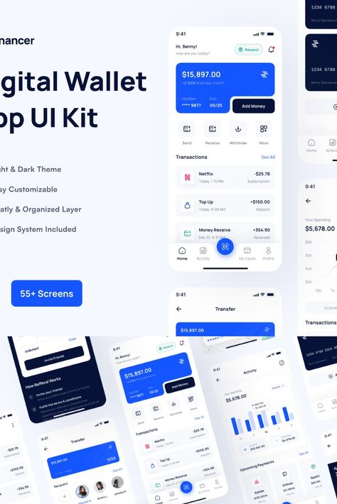 Financer - Financial & Digital Wallet App UI Kit Digital Wallet Ui, Financial App Design, Financial App Ui Design, Finance App Design, Fintech App Ui Design, Finance App Ui Design, Mobile Payment Ui, Fundraising Design, Fintech App