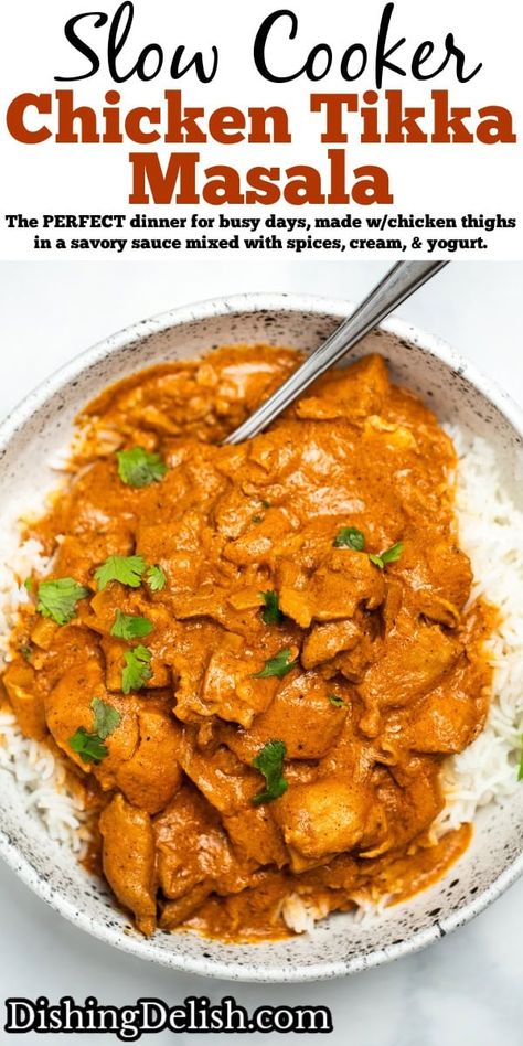 Slow Cooker Chicken Tikka Masala Slow Cooker Chicken Masala, Crockpot Chicken Masala, Tiki Masala Recipe Crock Pot, Crock Pot Tikka Masala Chicken, Slow Cooker Tikka Masala Chicken, Crock Pot Chicken Tikka Masala, Slow Cooker Chicken Thighs Recipes, Tiki Marsala Chicken, Crockpot Tikka Masala Chicken