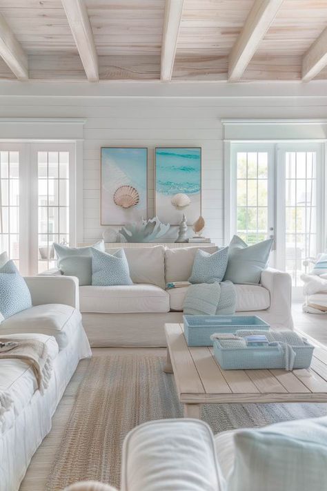 55 Summer Decor Ideas To Refresh Your Home This Season Modern Coastal Living Room, Small Cabin Interiors, Deco Marine, Cabin Tiny House, Coastal Aesthetic, Blue Cottage, Cabin Interiors, Coastal Living Rooms, Coastal Living Room