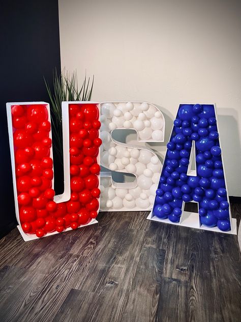 #usa #partydecor #balloons #balloondecor #balloonstylist #redwhiteandblue #letters #partydecor American Decorations Party, Usa Decoration Party, Miss America Birthday Party, Usa Themed Birthday Party, Party In The Usa Birthday Theme, Veterans Day Parade Float Ideas, Usa Party Theme, American Party Ideas, Usa Theme Party