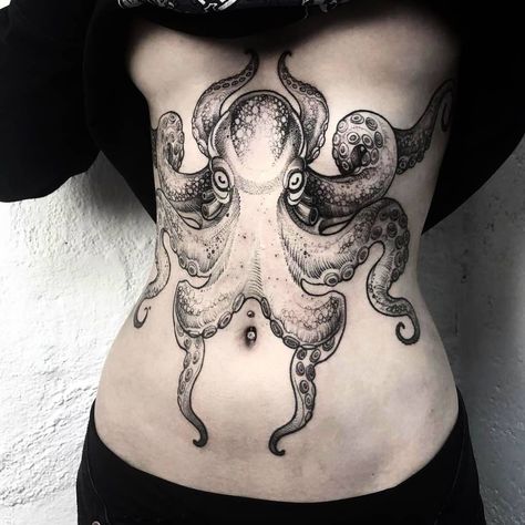 Alex Tabuns, Kraken Tattoo, Octopus Tattoo Design, Octopus Tattoos, Octopus Tattoo, Stomach Tattoos, Sternum Tattoo, Tattoo Parlors, Tattoo Blog