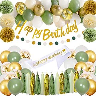 Green Birthday Party Decorations, Sage Green Birthday Party, Sage Green Birthday, Green Birthday Party, Triangle Bunting, Gold Birthday Party Decorations, Paper Tassels, Gold Birthday Decorations, Fringe Curtains