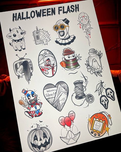 *Full* *Full* *Full* *Full* *Full* *Full* *Full* *Full* *Full* 🎃 Halloween Flash Day - Thursday 31st October 🎃 Here’s Amy’s sheet! All designs are £40 or you can have 2 for £60. Message us to book 👻🧟‍♂️ Horror Flash Tattoo Sheet, Horror Flash Sheet, Hellraiser Tattoo, Halloween Flash Sheet, Horror Flash, Halloween Flash, Flash Sheet, Tattoo Flash Sheet, Leg Sleeve