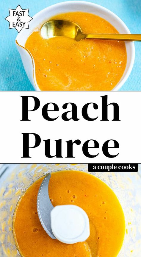 Here's how to make peach puree! It's quick and simple to whip up with a blender or food processor, and you can use fresh or frozen peaches. #peaches #peachpuree #puree #bellini #bellinis #peachrecipe How To Make Peach Puree, Peach Puree Recipe, Peach Puree For Drinks, Pureed Food Recipes For Adults, Purée Foods, Puréed Food, Fruit Preservation, Peach Salsa Recipes, Sour Cream Pancakes