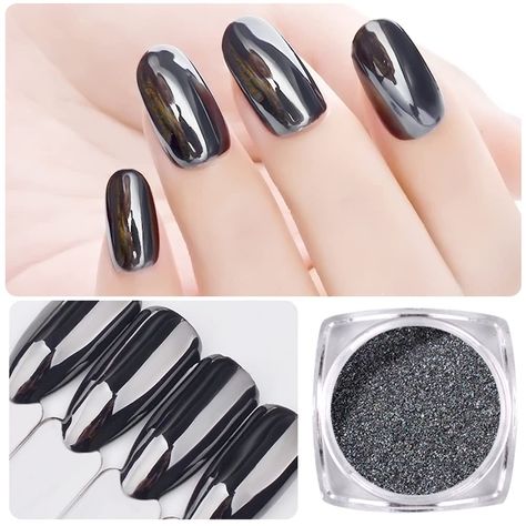 Mirror Nails Powder, Nail Glitter Powder, Gold Nail Art, Nail Art Glitter, Mirror Nails, Black Nail Art, Manicure Diy, Nail Polish Set, Shiny Nails