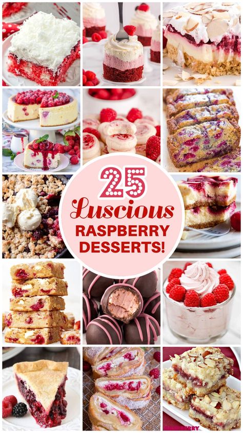 We've rounded up our favorite 25 Luscious Raspberry Desserts featuring luscious raspberries! Raspberries are bursting with so much sweet, tart and bold juicy flavor, how can we resist?! Super easy raspberry desserts that are perfect for quick valentine's day treats and valentine's day party food! Raspberry Filling Desserts, Raspberry Christmas Desserts, Raspberry Pudding Dessert, Simple Raspberry Desserts, Desserts With Fresh Raspberries, Easy Raspberry Desserts, Fresh Raspberry Desserts, Raspberry Desserts Easy, Raspberry Recipes Dessert