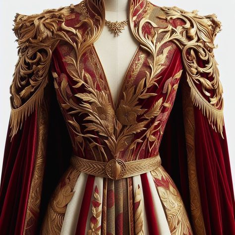 Queen Dress Royal Fantasy Gold, Eternals Costume Design, Old English Dress, Golden Royal Aesthetic, Red Royal Aesthetic, Royal Fantasy Dress, Gold Gown Aesthetic, Gold Character Design, Fantasy Royal Clothing