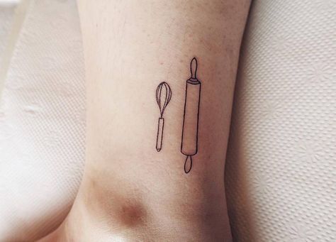 Minimalist Baking Tattoo, Baking Related Tattoos, Minimalist Chef Tattoo, Minimal Chef Tattoo, Tiny Whisk Tattoo, Pastry Tattoo, Baker Tattoo, Baking Tattoo, Cooking Tattoo