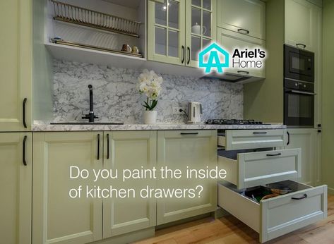 Kitchen Cabinet Inside Color, Do You Paint The Inside Of Cabinets, Paint Inside Cabinets, White Kitchen Drawers, Inside Kitchen Cabinets, Kitchen Cabinet Interior, 80s Kitchen, Kitchen Updates, Kitchen Cabinet Drawers