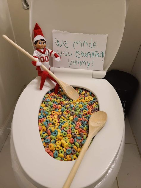 Elf On The Shelf Toilet, Shelf Toilet, Elf Ideas Easy, Neon Birthday Party, Awesome Elf On The Shelf Ideas, Neon Birthday, Elf Activities, Xmas Elf, Bowl Of Cereal