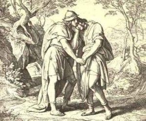 Leave, obtener permiso "Jonathan Lovingly Taketh His Leave of David" by Julius Schnorr von Karolsfeld Pineapple Surprise, David And Jonathan, Jewish Learning, The Covenant, Artwork Design, A Child, The Bible, Bible Study, Pineapple