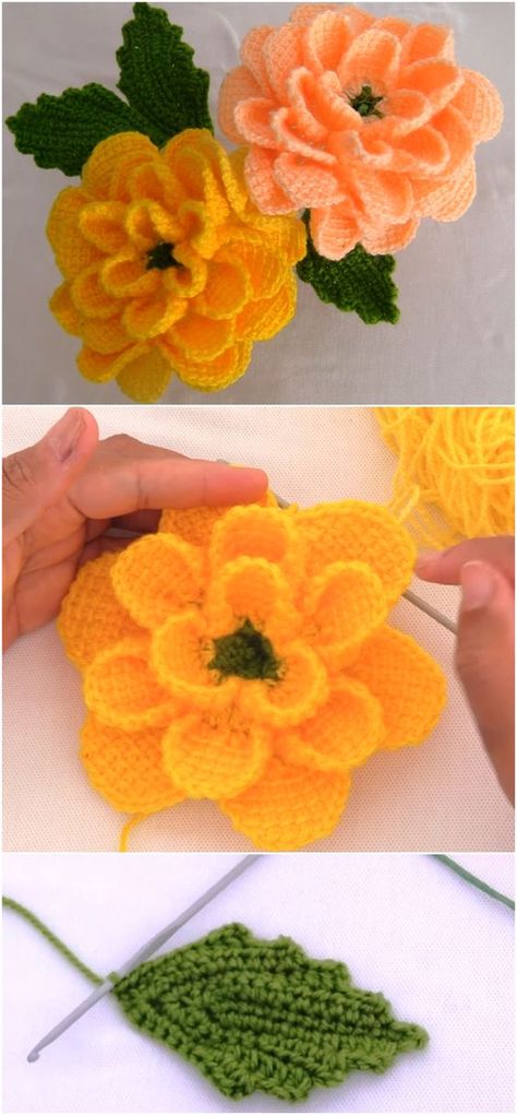 Crochet 3 D Rose Flower With Leaves - Crochet Ideas Flowers Knitting, Leaves Crochet, Flower With Leaves, Bouquet Crochet, Beau Crochet, D Rose, Crochet Garden, Trendy Plants, Crochet Flowers Free Pattern