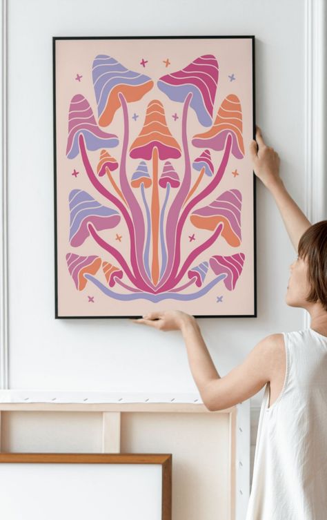 Mushroom Art Hippie, Retro Illustration Graphics, Colorful Mushroom Art, Mushroom Painting Ideas, Trippy Wall Decor, Groovy Wall Art, Mushroom Prints, Groovy Mushroom, Mushroom Wall Art