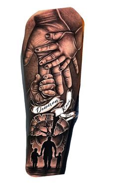 Family Themed Tattoos For Men, Father Tattoos For Son, Multiple Kids Tattoos For Moms, Mum Tattoo For Men, Tattoos For Your Son, Family Sleeve Tattoo, Christus Tattoo, Father Son Tattoo, Arm Tattoos For Guys Forearm