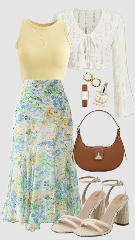 #easter #springoutfit #spring #summer #outfit #modest #modestfashion #outfitinspo #yellow #skirt #vintage #church #cardigan #aesthetic Vintage Summer Outfits, Modesty Outfits, Modest Summer, Cute Modest Outfits, Modest Summer Outfits, Shein Outfits, Modest Fashion Outfits, Mode Inspo, Girly Outfits